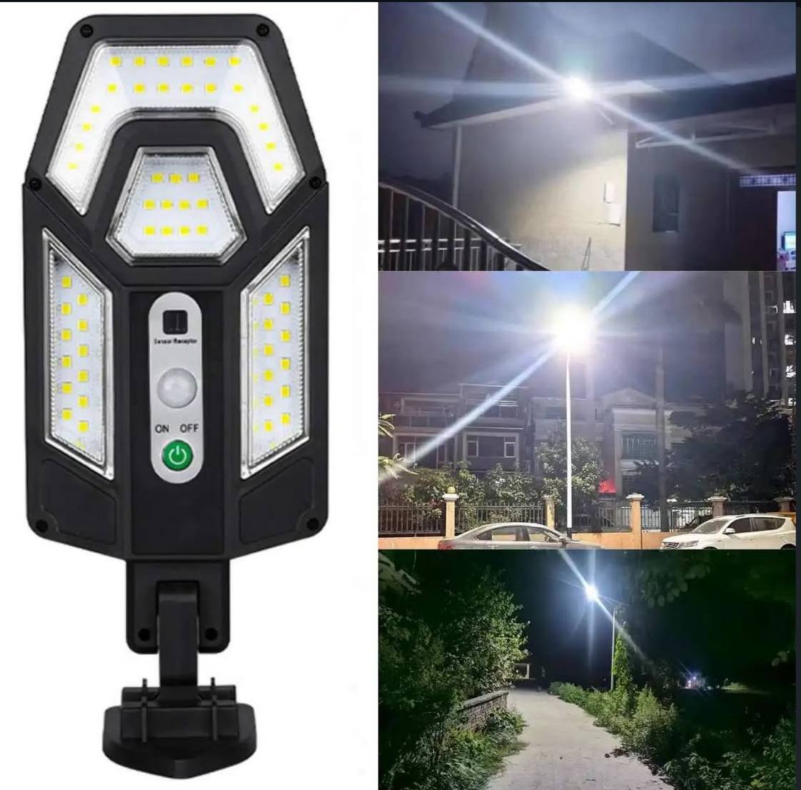 Lámpara solar iluminando entrada, calle y jardín de noche